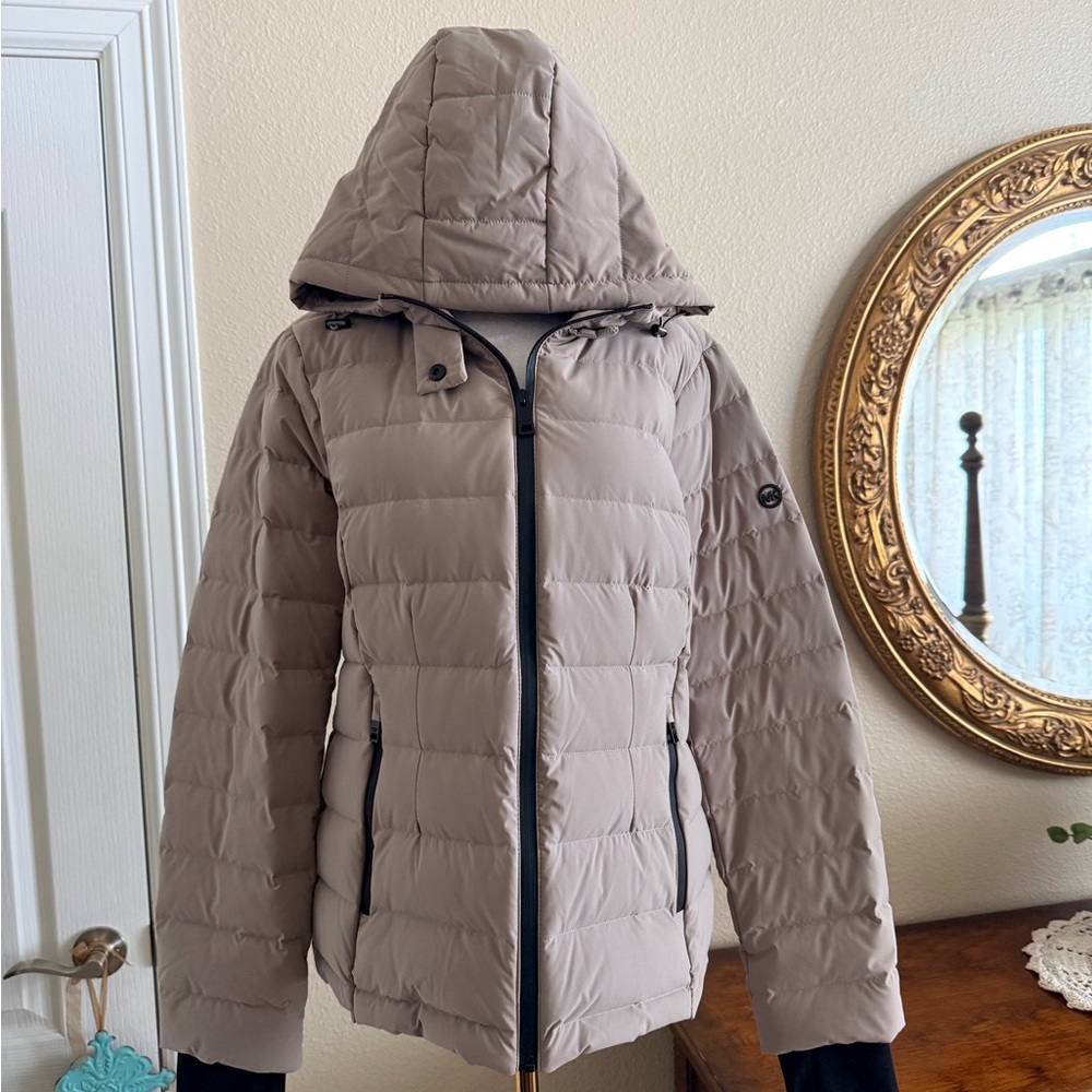Michael Kors Light Taupe Hooded Quilted Puffer Jacket